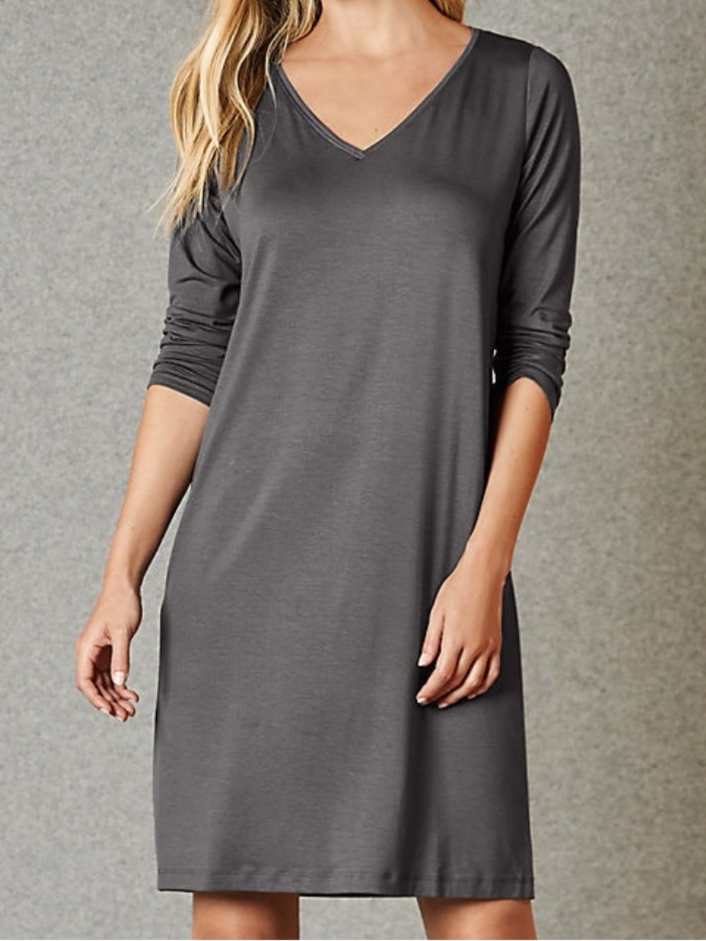 Eileen Fisher Stretch Jersey V-Neck Dress Gray Viscose Size Medium Petite